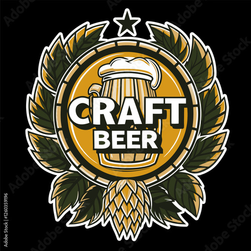 Round craft beer logo featuring an overflowing wooden mug filled with frothy beer, surrounded by hop cones and leaves, adorned with a star, ideal for breweries or bars