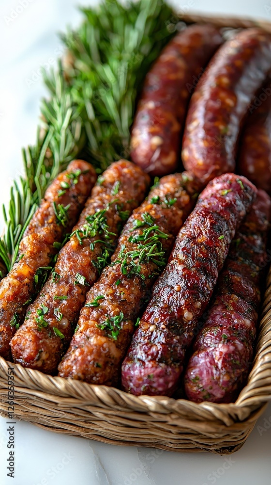 Fototapeta premium This image features a variety of artisanal sausages beautifully arranged in a woven basket, garnished with fresh herbs, showcasing rich colors and inviting textures.