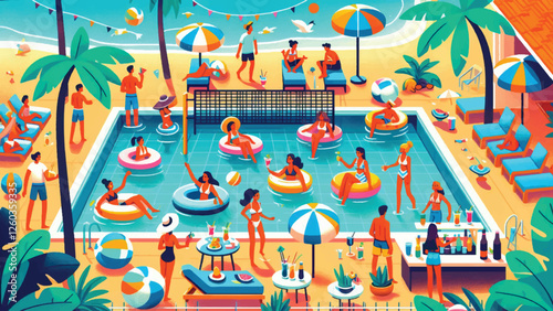 people who are spending their holidays playing in the swimming pool at a club on the beach