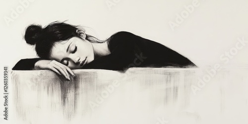 A serene black and white sketch captures a woman lounging gracefully on her side, head softly nestled against a couch's edge, eyelids gently closed in tranquility photo