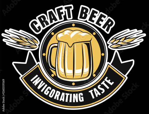 Craft beer logo featuring a mug of beer surrounded by wheat and a banner proclaiming its invigorating taste, perfect for breweries, bars, and beer enthusiasts