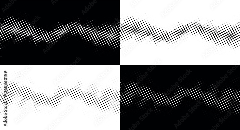Halftone waves set. Vector illustration. Halftone circle dots pattern collection. Halftone waves set. Vector illustration. Halftone circle dots pattern collection.