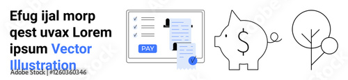 Digital invoice with pay button, piggy bank representing savings, and a tree as a sustainability icon. Ideal for finance, transactions, budgeting, savings, e-commerce, eco-friendly investments