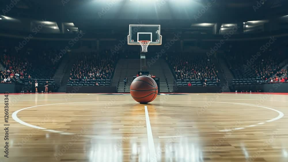 Wide-angle basketball in the center of court, cheering fans in the background. Live sports event concept. Professional indoor basketball arena setting. Modern basketball gym empty court, field.