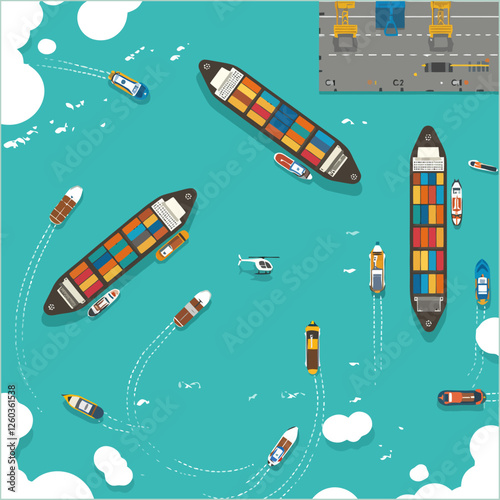 Aerial View of Container Ships and Boats in the Ocean Illustration