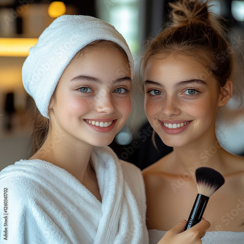 Young caucasian teen girls smiling in home spa setting with makeup brush