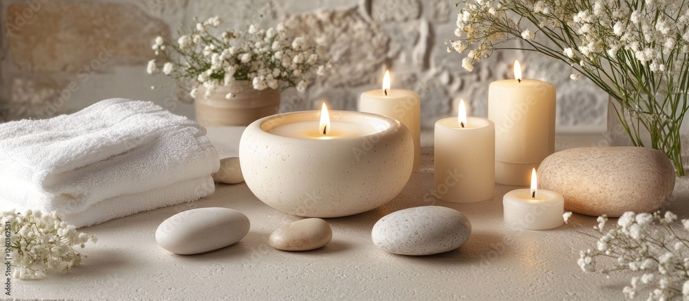 Serene spa still life with candles soft stones and delicate flowers for relaxation and wellness themes Serene spa still life with candles soft stones and delicate flowers for relaxation and wellness themes