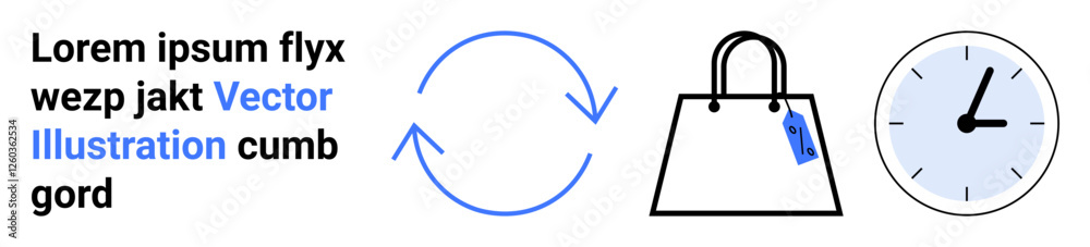 Circular arrows paired with a shopping bag and clock symbolizing retail, sustainability, time management. Ideal for e-commerce, shopping, sustainability, time optimization, logistics, retail Circular arrows paired with a shopping bag and clock symbolizing retail, sustainability, time management. Ideal for e-commerce, shopping, sustainability, time optimization, logistics, retail