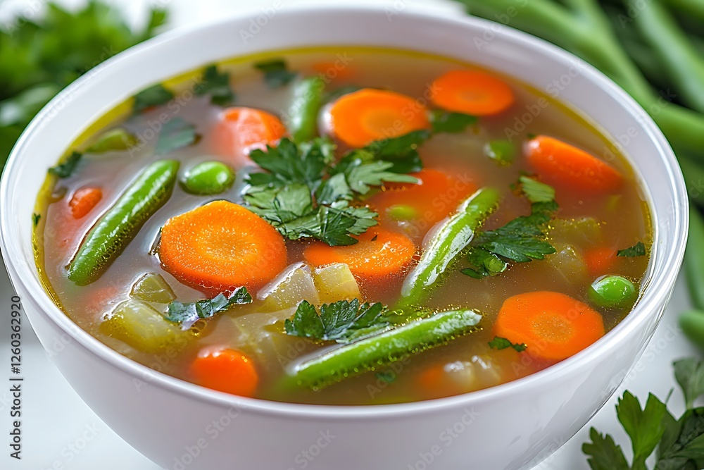 A cheerful bowl of vegetable soup packed with bright carrots, green beans, and fresh herbs, beautifully positioned on a white background for an appealing look. A cheerful bowl of vegetable soup packed with bright carrots, green beans, and fresh herbs, beautifully positioned on a white background for an appealing look.