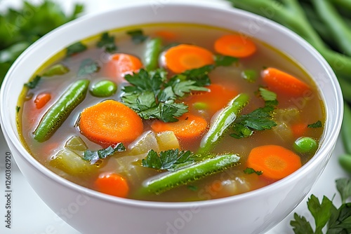 A cheerful bowl of vegetable soup packed with bright carrots, green beans, and fresh herbs, beautifully positioned on a white background for an appealing look.