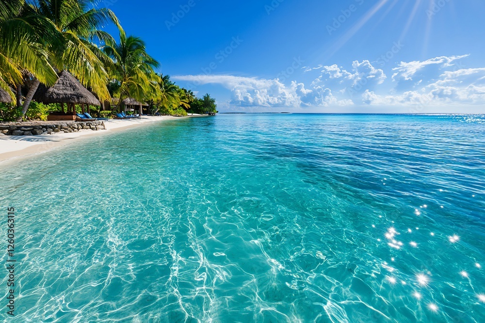 Fototapeta premium Tropical beach paradise, turquoise water, palm trees, sunny day, travel brochure