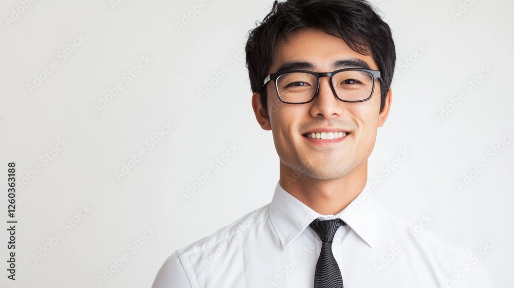 Professional young man with glasses in a white shirt and tie smiling confidently against a clean white background. Professional young man with glasses in a white shirt and tie smiling confidently against a clean white background.