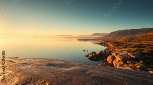 The Beauty of Dusk: A Rocky Shoreline Bathed in Golden Light