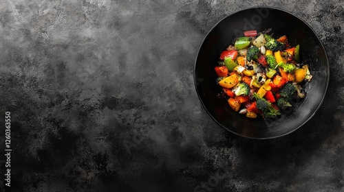 Stir fried assorted vegetables in a black bowl on a textured surface with empty space for text or branding in a food advertisement.