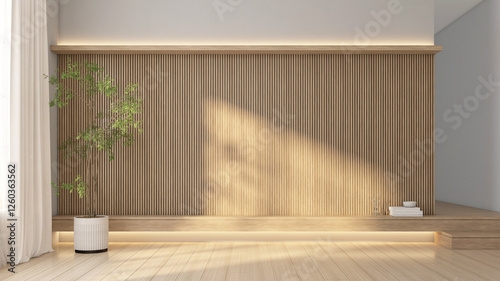 Modern Japanese-style living room with built-in TV cabinet. Wooden floor and wooden slat wall. 3d rendering