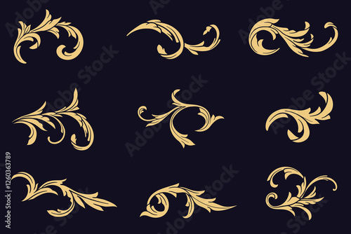 Set of golden Victorian baroque decorative elements on black. Gold filigree, Luxurious flourish ornament vector illustration