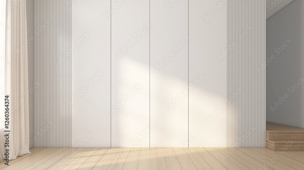 Modern Japanese-style empty room with a built-in wall unit finished in white paint and wooden floors. 3D rendering Modern Japanese-style empty room with a built-in wall unit finished in white paint and wooden floors. 3D rendering