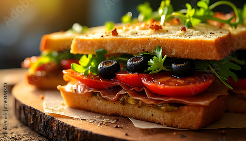 Mediterranean sandwich: focaccia with jamon, olives, sun-dried tomatoes, pesto, arugula,