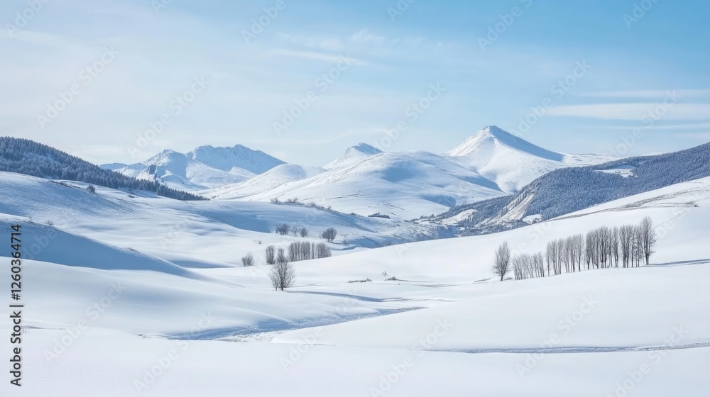 Fototapeta premium Serene snowy valley landscape showcasing majestic mountains and gentle slopes under a clear winter sky