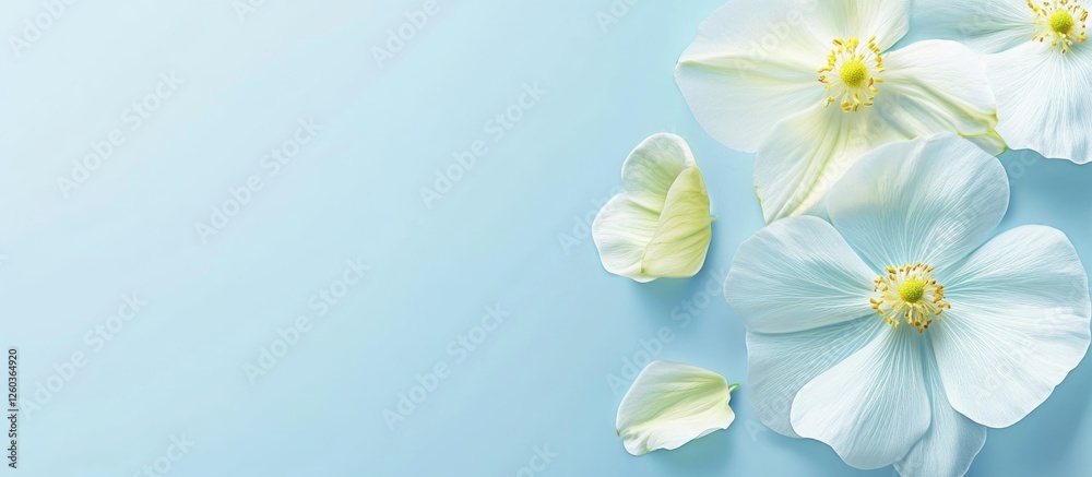 Obraz premium Sulfur cosmos flowers on a soft blue backdrop with ample space for text or graphics in a serene and calming composition.