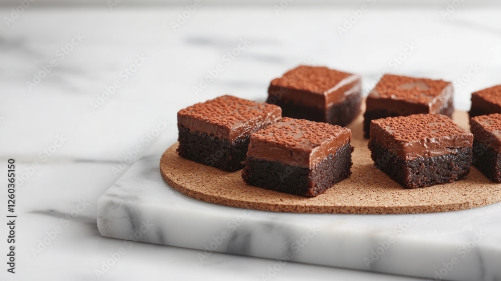 Decadent chocolate brownie squares topped with rich ganache on a marble board with cork coasters and space for creative text placement Decadent chocolate brownie squares topped with rich ganache on a marble board with cork coasters and space for creative text placement