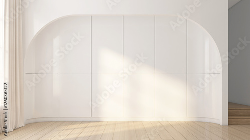 Modern Japanese-style empty room with built-in curved finished white paint, wooden floors and white wall. 3d rendering