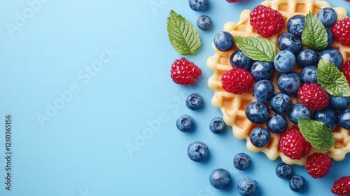 Delicious bubble waffle adorned with fresh blueberries and raspberries against a pastel blue background for customizable text space photo