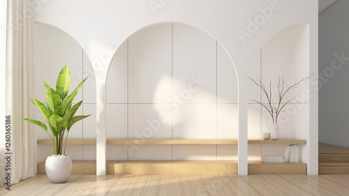 Modern Japanese-style living room with built-in curved TV cabinet finished white paint, wooden floors and white wall. 3d rendering
