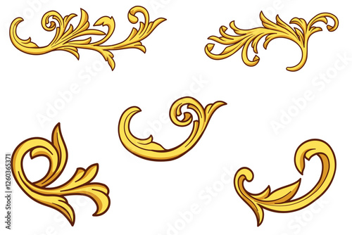 Golden yellow victorian decorative elements collection. Oriental Vector damask vintage baroque scroll ornament swirl.