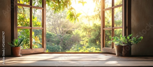 Bright sunrise through rustic colonial window with lush greenery outside and empty space for overlay text in a serene setting
