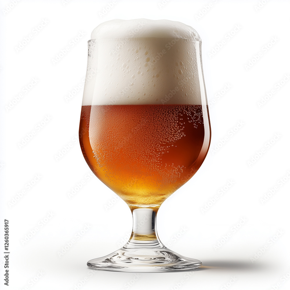 Refreshing cold beer in a glass with frothy head against a white background Refreshing cold beer in a glass with frothy head against a white background