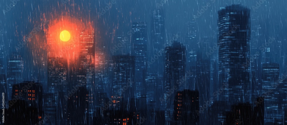 Fototapeta premium Rainy urban skyline with skyscrapers at sunset creating dramatic atmosphere and ample empty space for text overlay.