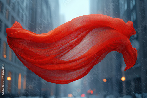 Flowing red scarf in urban winter setting