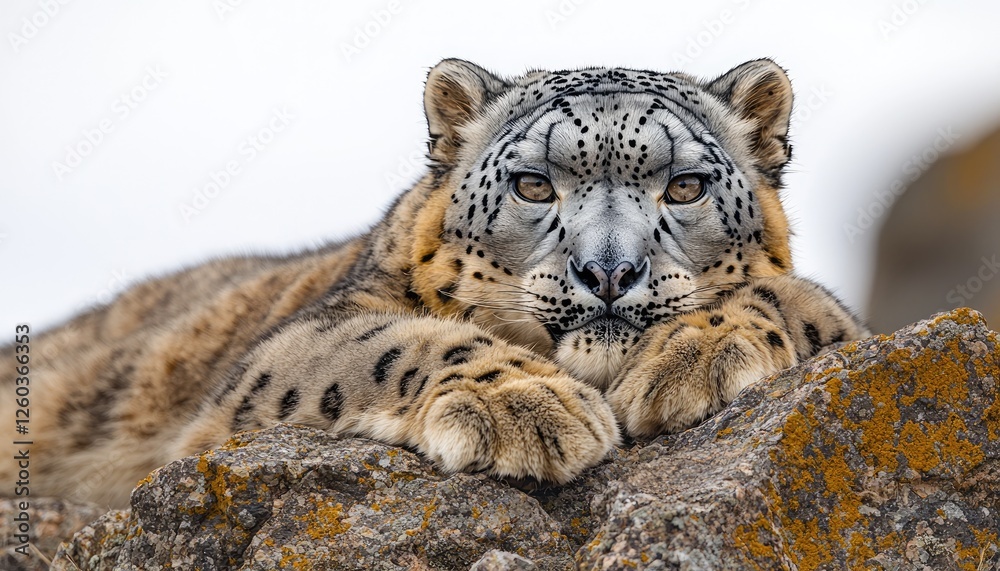 Majestic Snow Leopard Resting on Rocky Mountain Majestic Snow Leopard Resting on Rocky Mountain