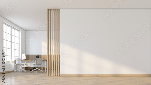 Minimalist style empty room with manager's desk and chair set. Wooden slat wall and white wall. 3d rendering