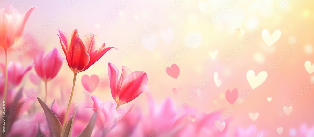 Spring tulip blossoms with soft pastel tones and heart bokeh creating a dreamy background for greeting cards and seasonal designs Spring tulip blossoms with soft pastel tones and heart bokeh creating a dreamy background for greeting cards and seasonal designs