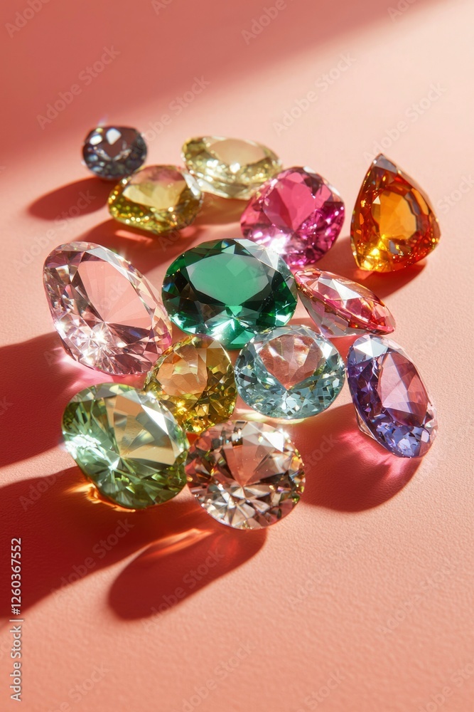 Colorful Gemstones Glimmering On Pink Surface Colorful Gemstones Glimmering On Pink Surface