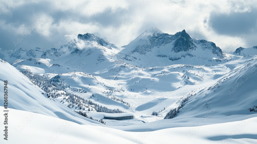 Obraz premium Snow-covered mountain landscape with dramatic clouds and serene slopes, perfect for winter-themed projects or outdoor adventure promotions.