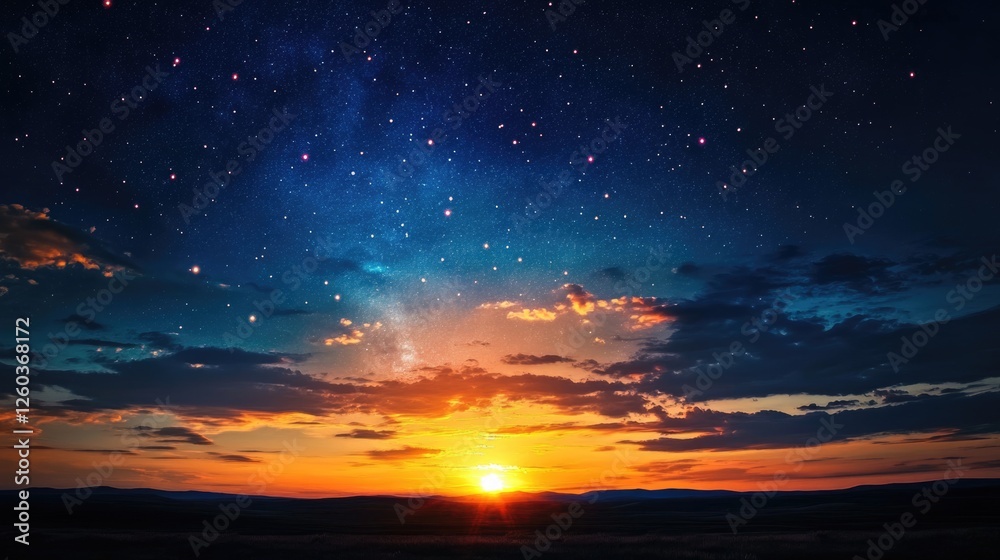 Fototapeta premium Vibrant Sunset Transitioning to Starry Night Sky with Ample Copy Space for Text or Graphic Elements