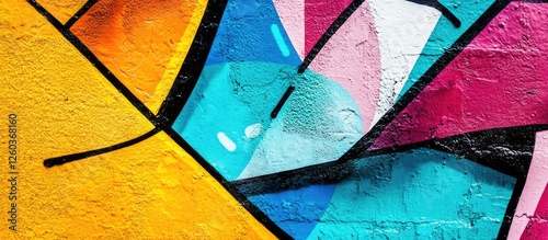Vibrant abstract graffiti detail showcasing bold colors and dynamic shapes on an urban wall for creative backgrounds.