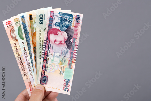 Honduran money in the hand on a gray background
