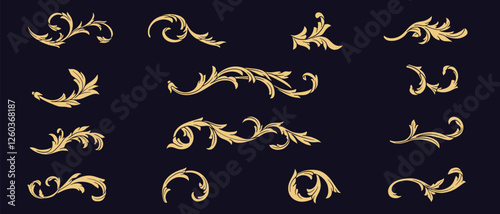 Collection of gold vintage filigree, fancy flourish floral decoration elements. Luxury golden baroque ornamental art decoration vector illustration
