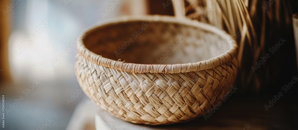 Natural Woven Straw Basket Close-Up Showing Intricate Texture and Craftsmanship in Rustic Setting Natural Woven Straw Basket Close-Up Showing Intricate Texture and Craftsmanship in Rustic Setting