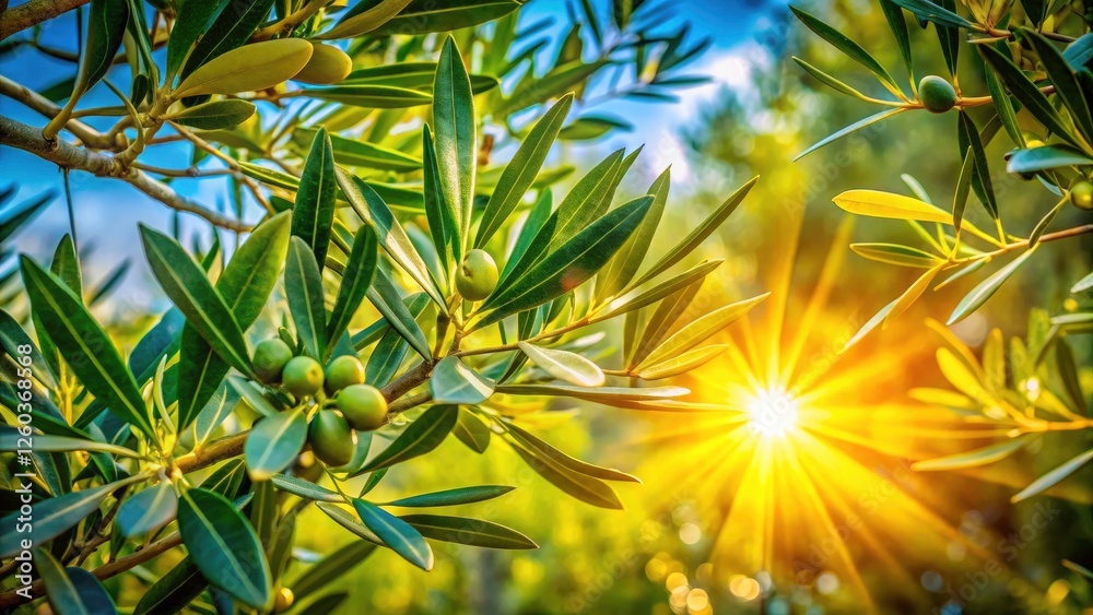 Fototapeta premium A panoramic view: vibrant green olive leaves illuminated by bright summer sun.