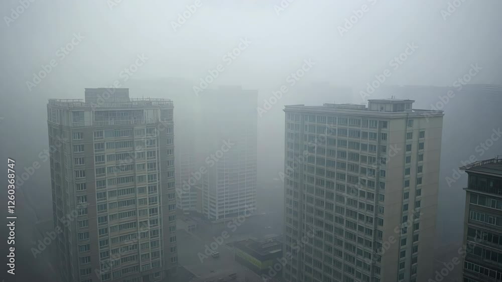 Aerial polluted Chinese city footage, tall buildings covered in thick heavy fog/smog. bird's-eye view. intense air pollution. Man-made smog derived from coal combustion, industrial emissions.