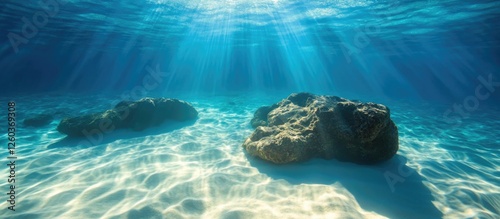 Underwater scene with submerged rocks illuminated by sunlight rays creating a serene ocean atmosphere photo