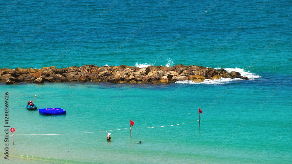 Beach Scene Serene Bird's-Eye Blue Ocean Waves Clear Sky Beach Scene Serene Bird's-Eye Blue Ocean Waves Clear Sky