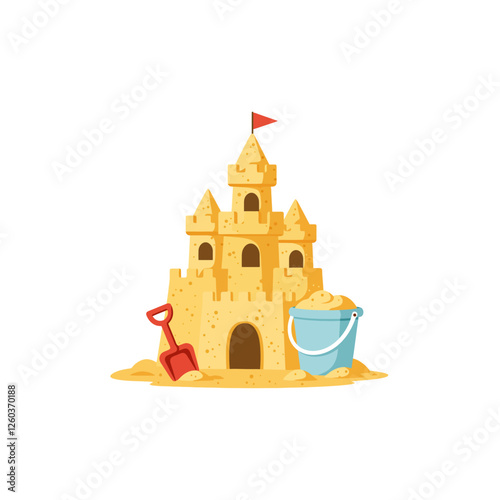 Building Sandcastle with Bucket and Shovel on Beach Summer Fun
