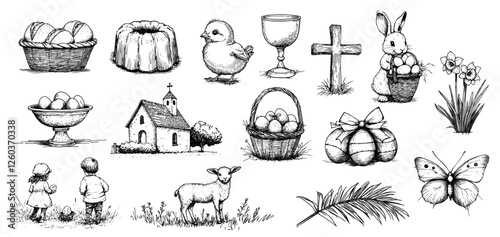 Easter icon symbols collection vector doodle black sketch church cross lamb, Eucharistic chalice