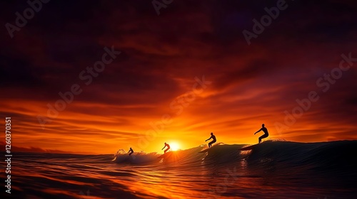 A breathtaking sunset surf scene, showcasing surfers riding vibrant waves under a colorful sky. Perfect for capturing the spirit of adventure and the thrill of ocean sports. photo